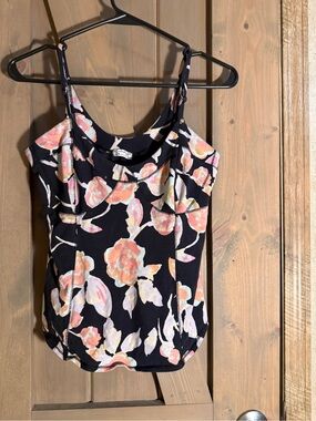 Floral Black Tank Top with Pink Peach Blooms